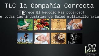 Detox
Energía y
Vitalidad Sexo
Perdida
de peso
Belleza
LongevidadNutrición
Café
TLC la Compañía Correcta
TEOfrece El Negocio Mas poderoso!
De todas las industrias de Salud multimillonarias
 