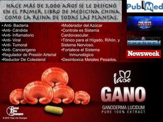 • Anti- Bacteria                 •Moderador del Azúcar
•Anti- Cándida                   •Controla es Sistema
•Anti- Inflamatorio              Cardiovascular.
•Anti- Viral                     •Tónico para el Hígado, Riñón, y
•Anti- Tumoral                   Sistema Nervioso.
•Anti- Cancerigeno               •Fortalece el Sistema
•Regulador de Presión Arterial        Inmunológico
•Reductor De Colesterol          •Desintoxica Metales Pesados.
 