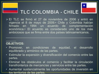  El TLC se firmó el 27 de noviembre de 2006 y entró en
vigencia el 8 de mayo de 2009.• Chile y Colombia habían
firmado en 1994 un acuerdo de complementación
económica.• El acuerdo es considerado uno de los más
ambiciosos que se firma entre dos países latinoamericanos.
___________________________________________________
______
OBJETIVOS:
• Promover, en condiciones de equidad, el desarrollo
equilibrado y armónico de las partes.
• Estimular la expansión y diversificación del comercio entre las
partes.
• Eliminar los obstáculos al comercio y facilitar la circulación
transfronteriza de mercancías y servicios entre las partes.
• Aumentar sustancialmente las oportunidades de inversión en
los territorios de las partes.
 