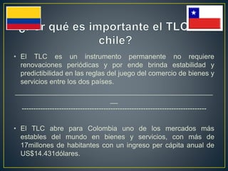 • El TLC es un instrumento permanente no requiere
renovaciones periódicas y por ende brinda estabilidad y
predictibilidad en las reglas del juego del comercio de bienes y
servicios entre los dos países.
___________________________________________________
__
-------------------------------------------------------------------------------
• El TLC abre para Colombia uno de los mercados más
estables del mundo en bienes y servicios, con más de
17millones de habitantes con un ingreso per cápita anual de
US$14.431dólares.
 