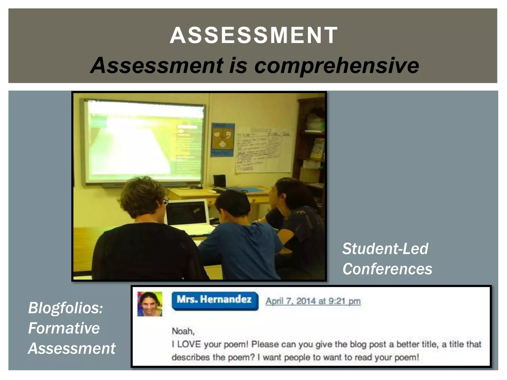 ASSESSMENT	

Assessment is comprehensive
Student-Led
Conferences
Student-Led
Conferences
Blogfolios:
Formative
Assessment
 
