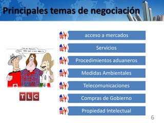 Principales temas de negociación
acceso a mercados
Servicios
Procedimientos aduaneros
Medidas Ambientales
Telecomunicaciones
Compras de Gobierno
Propiedad Intelectual
6
 