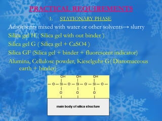 PRACTICAL REQUIREMENTS STATIONARY PHASE Adsorbents mixed with water or other solvents-> slurry Silica gel H ( Silica gel with out binder ) Silica gel G ( Silica gel + CaSO4 ) Silica GF (Silica gel + binder + fluorescent indicator) Alumina, Cellulose powder, Kieselguhr G( Diatomaceous earth + binder) 