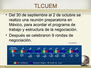 TLCUEM
• Del 30 de septiembre al 2 de octubre se
  realizo una reunión preparatoria en
  México, para acordar el programa de
  trabajo y estructura de la negociación.
• Después se celebraron 9 rondas de
  negociación.                    Fuente:Slideshare
 