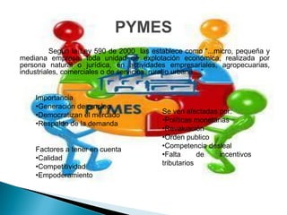 PYMES
          Según la Ley 590 de 2000 las establece como “...micro, pequeña y
mediana empresa, toda unidad de explotación económica, realizada por
persona natural o jurídica, en actividades empresariales, agropecuarias,
industriales, comerciales o de servicios, rural o urbana,...”


    Importancia
    •Generación de empleo
                                          Se ven afectadas por:
    •Democratizan el mercado
    •Respaldo de la demanda               •Políticas monetarias
                                          •Revaluación
                                          •Orden publico
    Factores a tener en cuenta
                                          •Competencia desleal
    •Calidad                              •Falta      de    incentivos
                                          tributarios
    •Competitividad
    •Empoderamiento
 
