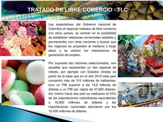 TRATADO DE LIBRE COMERCIO - TLC

      Las expectativas del Gobierno nacional de
      Colombia al negociar tratados de libre comercio
      con otros países, se centran en la posibilidad
      de establecer relaciones comerciales estables y
      permanentes con otras naciones y buscar que
      los negocios se proyecten al mediano y largo
      plazo y se activen los mecanismos de
      generación de empleo.

      Por supuesto las naciones seleccionadas, son
      aquellas que representan un tipo especial de
      interés, por ejemplo con Estados Unidos se
      partió de la base que en el año 2010 este país
      concentró más de 310 millones de habitantes,
      tuvo un PIB superior a los 14,6 billones de
      dólares y un PIB per cápita de 47,600 dólares.
      Así mismo hacia ese país se realizaron el 43%
      de las exportaciones colombianas equivalentes
      a 16,900 millones de dólares y las
      importaciones nacionales estuvieron por los
      10,400 millones de dólares
 