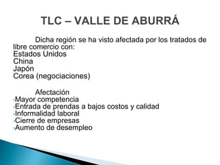 TLC – VALLE DE ABURRÁ
        Dicha región se ha visto afectada por los tratados de
libre comercio con:
Estados Unidos
China
Japón
Corea (negociaciones)

       Afectación
•Mayor competencia
•Entrada de prendas a bajos costos y calidad
•Informalidad laboral
•Cierre de empresas
•Aumento de desempleo
 
