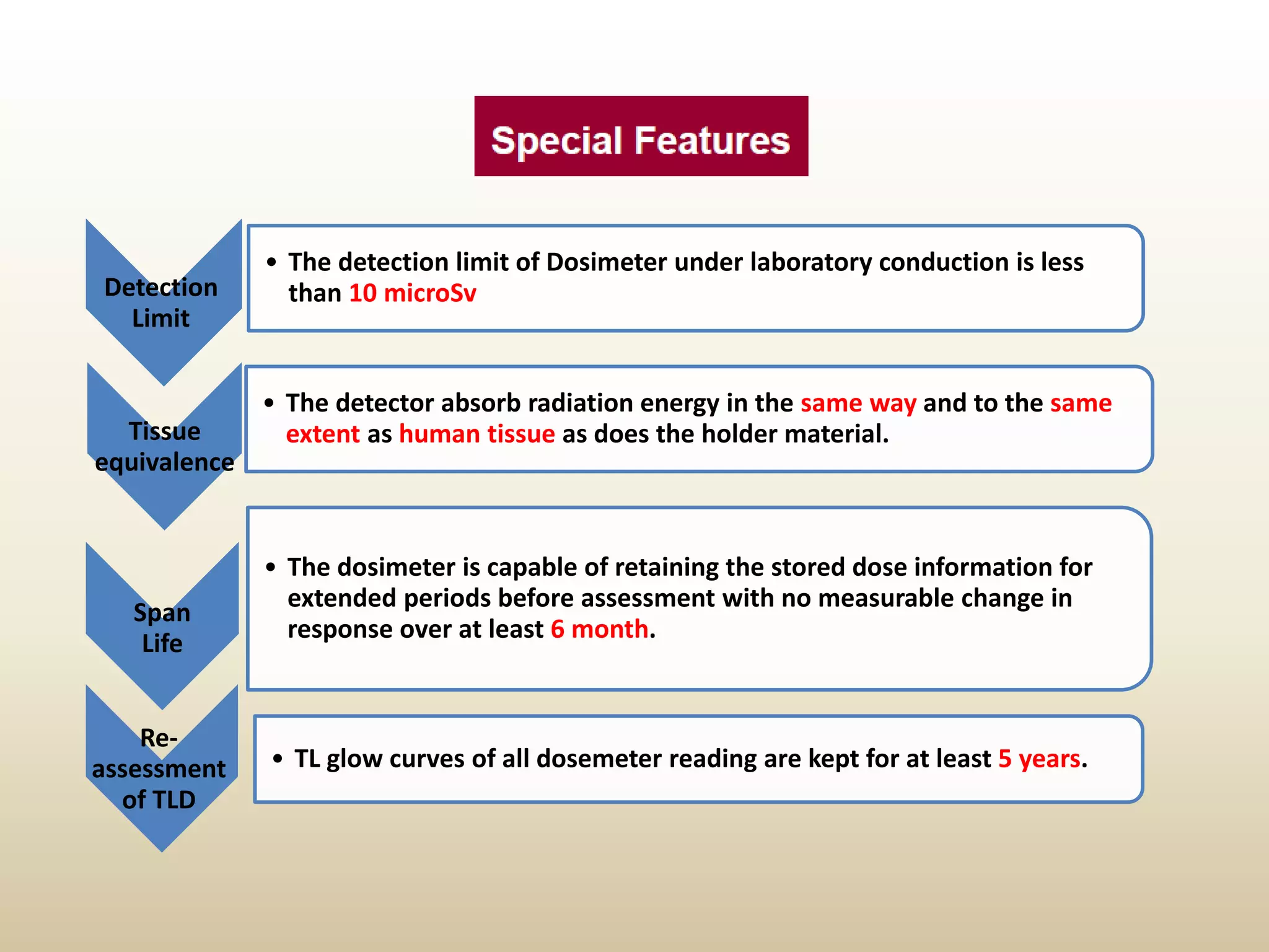 Detection
Limit
• The detection limit of Dosimeter under laboratory conduction is less
than 10 microSv
Tissue
equivalence
• The detector absorb radiation energy in the same way and to the same
extent as human tissue as does the holder material.
Span
Life
• The dosimeter is capable of retaining the stored dose information for
extended periods before assessment with no measurable change in
response over at least 6 month.
Re-
assessment
of TLD
• TL glow curves of all dosemeter reading are kept for at least 5 years.
 
