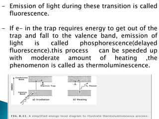 - Emission of light during these transition is called
fluorescence.
- If e- in the trap requires energy to get out of the
trap and fall to the valence band, emission of
light is called phosphorescence(delayed
fluorescence).this process can be speeded up
with moderate amount of heating ,the
phenomenon is called as thermoluminescence.
 
