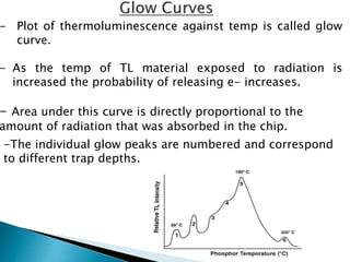 - Plot of thermoluminescence against temp is called glow
curve.
- As the temp of TL material exposed to radiation is
increased the probability of releasing e- increases.
- Area under this curve is directly proportional to the
amount of radiation that was absorbed in the chip.
-The individual glow peaks are numbered and correspond
to different trap depths.
 