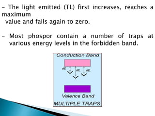- The light emitted (TL) first increases, reaches a
maximum
value and falls again to zero.
- Most phospor contain a number of traps at
various energy levels in the forbidden band.
 