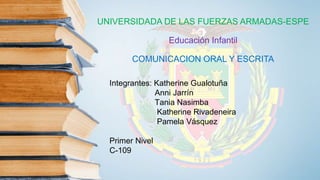 UNIVERSIDADA DE LAS FUERZAS ARMADAS-ESPE
Educación Infantil
COMUNICACION ORAL Y ESCRITA
Integrantes: Katherine Gualotuña
Anni Jarrín
Tania Nasimba
Katherine Rivadeneira
Pamela Vásquez
Primer Nivel
C-109
 