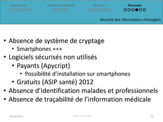 Sécurité des informations échangées
Introduction Matériel et Méthode Résultats Discussion
02/10/2014 16Thèse-A.Tesnière
• ...