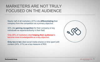 12
MARKETERS ARE NOT TRULY
FOCUSED ON THE AUDIENCE
12
Nearly half of all marketers (47%) cite differentiating their
company from the competition as a primary objective.
42% cite gaining recognition for their company or key
individuals as experts/authority in their field.
Only 28% of marketers cited helping their audience to
become more knowledgeable as a key objective.
Only two in ten cited social media shares or time spent with
content (24%, 21%) as a top measure of ROI.
 