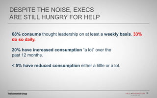19
DESPITE THE NOISE, EXECS
ARE STILL HUNGRY FOR HELP
19
68% consume thought leadership on at least a weekly basis. 33%
do so daily.
20% have increased consumption “a lot” over the
past 12 months.
< 5% have reduced consumption either a little or a lot.
 