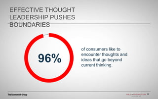 22
EFFECTIVE THOUGHT
LEADERSHIP PUSHES
BOUNDARIES
22
of consumers like to
encounter thoughts and
ideas that go beyond
current thinking.
96%
 