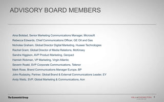3
ADVISORY BOARD MEMBERS
3
Aina Bolstad, Senior Marketing Communications Manager, Microsoft
Rebecca Edwards, Chief Communications Officer, GE Oil and Gas
Nicholas Graham, Global Director Digital Marketing, Huawei Technologies
Rachel Grant, Global Director of Media Relations, McKinsey
Sandra Higgison, AVP Product Marketing, Genpact
Hamish Rickman, VP Marketing, Virgin Atlantic
Severin Roald, SVP Corporate Communications, Telenor
Mark Rose, Brand Communications Manager Europe, BP
John Rudaizky, Partner, Global Brand & External Communications Leader, EY
Andy Weitz, SVP, Global Marketing & Communications, Aon
 