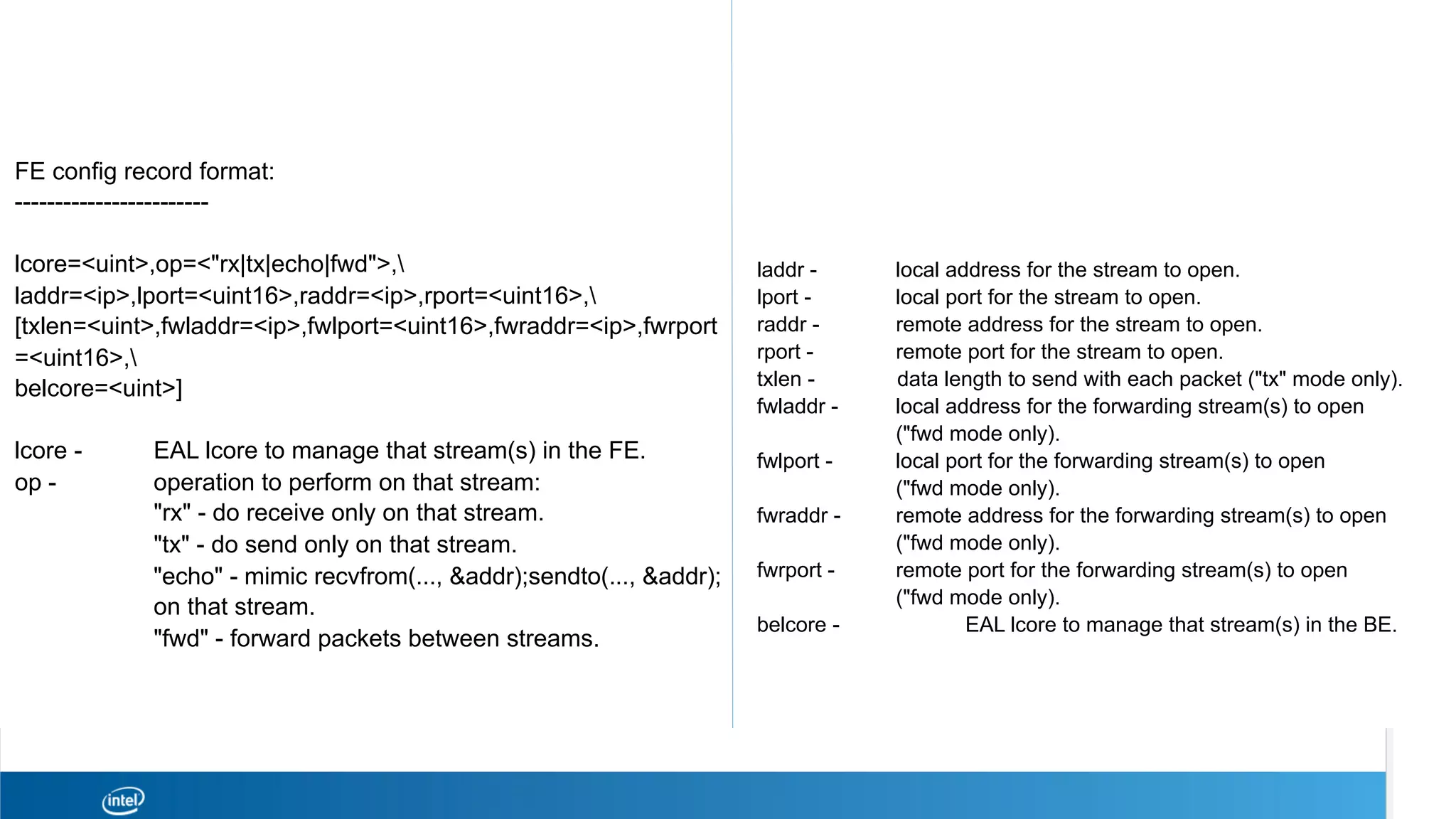FE config record format:
------------------------
lcore=<uint>,op=<"rx|tx|echo|fwd">,
laddr=<ip>,lport=<uint16>,raddr=<ip>,rport=<uint16>,
[txlen=<uint>,fwladdr=<ip>,fwlport=<uint16>,fwraddr=<ip>,fwrport
=<uint16>,
belcore=<uint>]
lcore - EAL lcore to manage that stream(s) in the FE.
op - operation to perform on that stream:
"rx" - do receive only on that stream.
"tx" - do send only on that stream.
"echo" - mimic recvfrom(..., &addr);sendto(..., &addr);
on that stream.
"fwd" - forward packets between streams.
laddr - local address for the stream to open.
lport - local port for the stream to open.
raddr - remote address for the stream to open.
rport - remote port for the stream to open.
txlen - data length to send with each packet ("tx" mode only).
fwladdr - local address for the forwarding stream(s) to open
("fwd mode only).
fwlport - local port for the forwarding stream(s) to open
("fwd mode only).
fwraddr - remote address for the forwarding stream(s) to open
("fwd mode only).
fwrport - remote port for the forwarding stream(s) to open
("fwd mode only).
belcore - EAL lcore to manage that stream(s) in the BE.
	
 