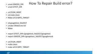 How To Repair Build error?
•  unset	GMOCK_DIR	
•  unset	GTEST_DIR	
•  cd	$TLDK_ROOT	
•  cd	make	clean	
•  Make	all	O=$RTE_TARGET	
•  cd	googletest_feb2017	
•  cmake	CMakeLists.txt	
•  Make		
•  export	GTEST_DIR=/googletest_feb2017/googletest	
•  export	GMOCK_DIR=/googletest_feb2017/googlemock	
•  cd	$TLDK_ROOT	
•  make	clean	
•  make	all	O=$RTE_TARGET	
 