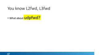 You know L2fwd, L3fwd
•  What	about	udpfwd?	
 