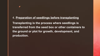 z
4. Preparation of seedlings before transplanting
Transplanting is the process where seedlings is
transferred from the seed box or other containers to
the ground or plot for growth, development, and
production.
 