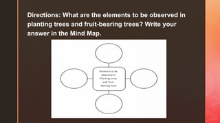z
Directions: What are the elements to be observed in
planting trees and fruit-bearing trees? Write your
answer in the Mind Map.
 