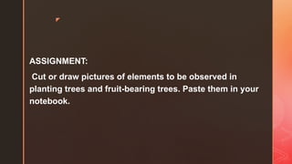z
ASSIGNMENT:
Cut or draw pictures of elements to be observed in
planting trees and fruit-bearing trees. Paste them in your
notebook.
 