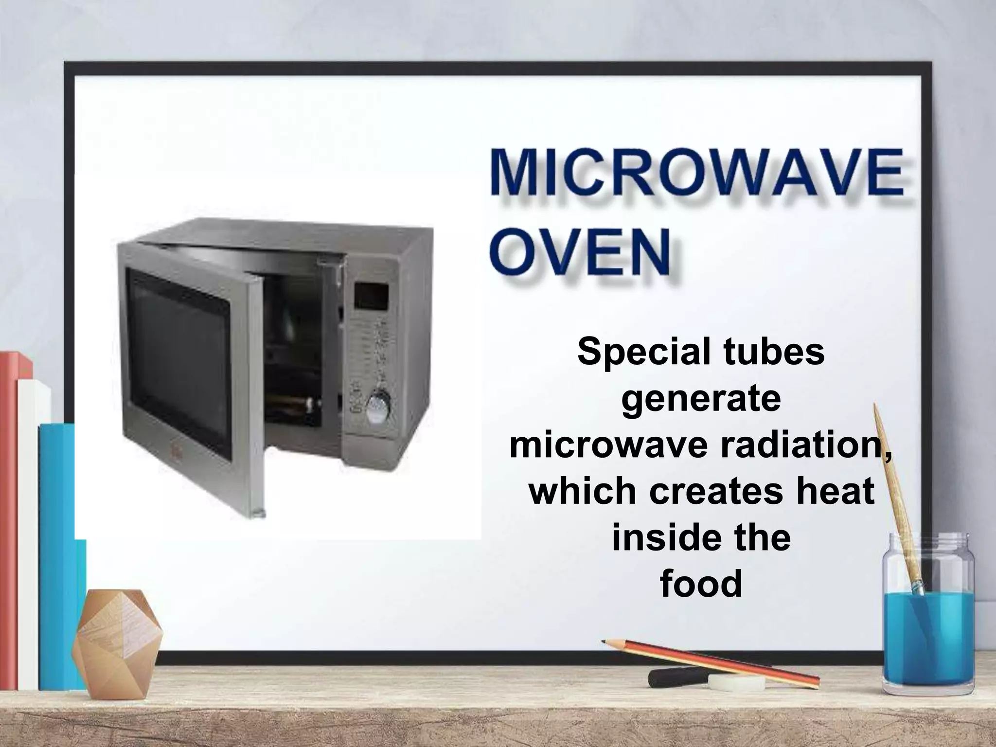 Special tubes
generate
microwave radiation,
which creates heat
inside the
food
 