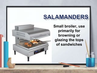 Small broiler, use
primarily for
browning or
glazing the tops
of sandwiches
 
