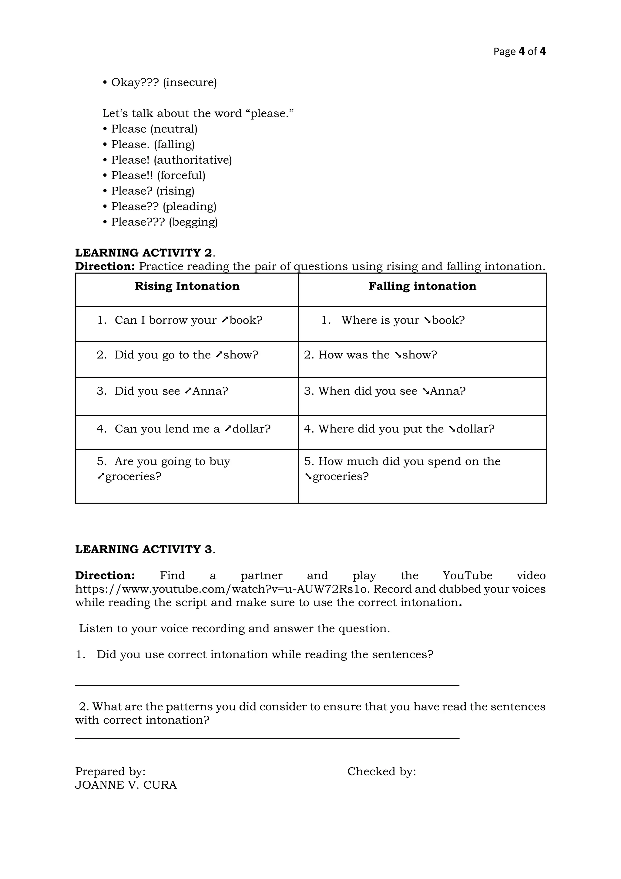 Page 4 of 4
• Okay??? (insecure)
Let’s talk about the word “please.”
• Please (neutral)
• Please. (falling)
• Please! (authoritative)
• Please!! (forceful)
• Please? (rising)
• Please?? (pleading)
• Please??? (begging)
LEARNING ACTIVITY 2.
Direction: Practice reading the pair of questions using rising and falling intonation.
Rising Intonation Falling intonation
1. Can I borrow your ➚book? 1. Where is your ➘book?
2. Did you go to the ➚show? 2. How was the ➘show?
3. Did you see ➚Anna? 3. When did you see ➘Anna?
4. Can you lend me a ➚dollar? 4. Where did you put the ➘dollar?
5. Are you going to buy
➚groceries?
5. How much did you spend on the
➘groceries?
LEARNING ACTIVITY 3.
Direction: Find a partner and play the YouTube video
https://www.youtube.com/watch?v=u-AUW72Rs1o. Record and dubbed your voices
while reading the script and make sure to use the correct intonation.
Listen to your voice recording and answer the question.
1. Did you use correct intonation while reading the sentences?
___________________________________________________________________
2. What are the patterns you did consider to ensure that you have read the sentences
with correct intonation?
___________________________________________________________________
Prepared by: Checked by:
JOANNE V. CURA
 