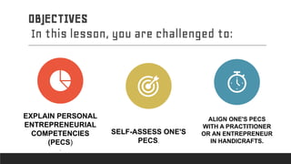 OBJECTIVES
In this lesson, you are challenged to:
EXPLAIN PERSONAL
ENTREPRENEURIAL
COMPETENCIES
(PECS)
.
SELF-ASSESS ONE'S
PECS.
ALIGN ONE'S PECS
WITH A PRACTITIONER
OR AN ENTREPRENEUR
IN HANDICRAFTS.
 
