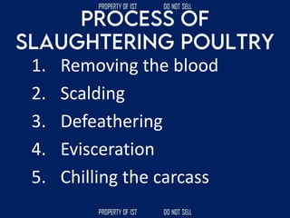 1. Removing the blood
2. Scalding
3. Defeathering
4. Evisceration
5. Chilling the carcass
 