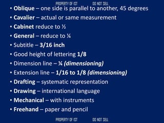 • Oblique – one side is parallel to another, 45 degrees
• Cavalier – actual or same measurement
• Cabinet reduce to ½
• General – reduce to ¼
• Subtitle – 3/16 inch
• Good height of lettering 1/8
• Dimension line – ¼ (dimensioning)
• Extension line – 1/16 to 1/8 (dimensioning)
• Drafting – systematic representation
• Drawing – international language
• Mechanical – with instruments
• Freehand – paper and pencil
 