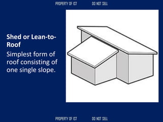 Shed or Lean-to-
Roof
Simplest form of
roof consisting of
one single slope.
 