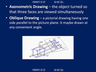 • Axonometric Drawing – the object turned so
that three faces are viewed simultaneously
• Oblique Drawing – a pictorial drawing having one
side parallel to the picture plane. It maybe drawn at
any convenient angle.
 