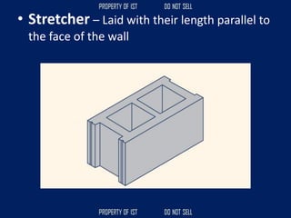 • Stretcher – Laid with their length parallel to
the face of the wall
 