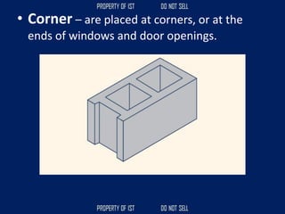 • Corner – are placed at corners, or at the
ends of windows and door openings.
 