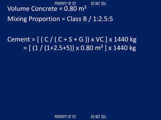 Volume Concrete = 0.80 m3
Mixing Proportion = Class B / 1:2.5:5
Cement = [ ( C / ( C + S + G )) x VC ] x 1440 kg
= [ (1 / (1+2.5+5)) x 0.80 m3 ] x 1440 kg
 