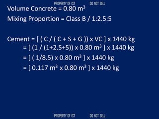 Volume Concrete = 0.80 m3
Mixing Proportion = Class B / 1:2.5:5
Cement = [ ( C / ( C + S + G )) x VC ] x 1440 kg
= [ (1 / (1+2.5+5)) x 0.80 m3 ] x 1440 kg
= [ ( 1/8.5) x 0.80 m3 ] x 1440 kg
= [ 0.117 m3 x 0.80 m3 ] x 1440 kg
 