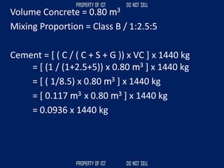 Volume Concrete = 0.80 m3
Mixing Proportion = Class B / 1:2.5:5
Cement = [ ( C / ( C + S + G )) x VC ] x 1440 kg
= [ (1 / (1+2.5+5)) x 0.80 m3 ] x 1440 kg
= [ ( 1/8.5) x 0.80 m3 ] x 1440 kg
= [ 0.117 m3 x 0.80 m3 ] x 1440 kg
= 0.0936 x 1440 kg
 