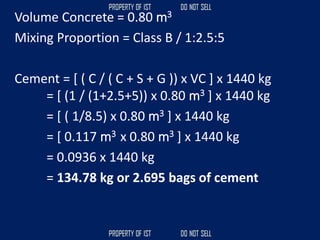 Volume Concrete = 0.80 m3
Mixing Proportion = Class B / 1:2.5:5
Cement = [ ( C / ( C + S + G )) x VC ] x 1440 kg
= [ (1 / (1+2.5+5)) x 0.80 m3 ] x 1440 kg
= [ ( 1/8.5) x 0.80 m3 ] x 1440 kg
= [ 0.117 m3 x 0.80 m3 ] x 1440 kg
= 0.0936 x 1440 kg
= 134.78 kg or 2.695 bags of cement
 