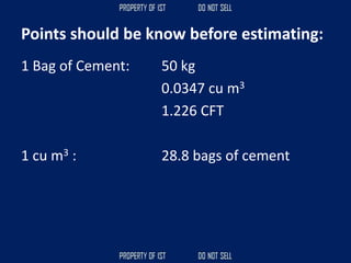 Points should be know before estimating:
1 Bag of Cement: 50 kg
0.0347 cu m3
1.226 CFT
1 cu m3 : 28.8 bags of cement
 