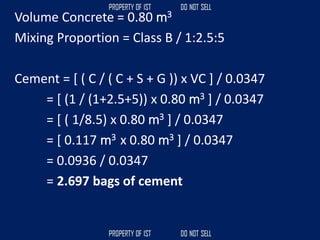 Volume Concrete = 0.80 m3
Mixing Proportion = Class B / 1:2.5:5
Cement = [ ( C / ( C + S + G )) x VC ] / 0.0347
= [ (1 / (1+2.5+5)) x 0.80 m3 ] / 0.0347
= [ ( 1/8.5) x 0.80 m3 ] / 0.0347
= [ 0.117 m3 x 0.80 m3 ] / 0.0347
= 0.0936 / 0.0347
= 2.697 bags of cement
 