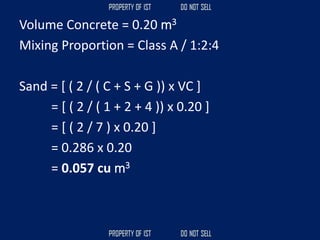Volume Concrete = 0.20 m3
Mixing Proportion = Class A / 1:2:4
Sand = [ ( 2 / ( C + S + G )) x VC ]
= [ ( 2 / ( 1 + 2 + 4 )) x 0.20 ]
= [ ( 2 / 7 ) x 0.20 ]
= 0.286 x 0.20
= 0.057 cu m3
 