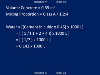 Volume Concrete = 0.35 m3
Mixing Proportion = Class A / 1:2:4
Water = [(Cement in cubic x 0.45) x 1000 L]
= [ ( 1 / ( 1 + 2 + 4 )) x 1000 L ]
= [ ( 1/7 ) x 1000 L ]
= 0.143 x 1000 L
 