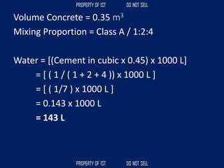 Volume Concrete = 0.35 m3
Mixing Proportion = Class A / 1:2:4
Water = [(Cement in cubic x 0.45) x 1000 L]
= [ ( 1 / ( 1 + 2 + 4 )) x 1000 L ]
= [ ( 1/7 ) x 1000 L ]
= 0.143 x 1000 L
= 143 L
 