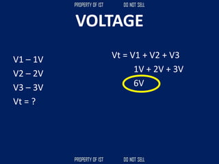 VOLTAGE
V1 – 1V
V2 – 2V
V3 – 3V
Vt = ?
Vt = V1 + V2 + V3
1V + 2V + 3V
6V
 