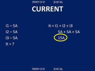 CURRENT
I1 – 5A
I2 – 5A
I3 – 5A
It = ?
It = I1 + I2 + I3
5A + 5A + 5A
15A
 