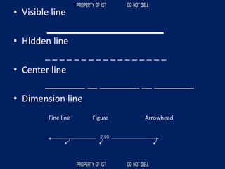 • Visible line
• Hidden line
_ _ _ _ _ _ _ _ _ _ _ _ _ _ _ _ _
• Center line
________ __ ________ __ ________
• Dimension line
Fine line Figure Arrowhead
 