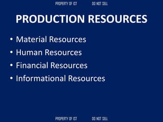 PRODUCTION RESOURCES
• Material Resources
• Human Resources
• Financial Resources
• Informational Resources
 